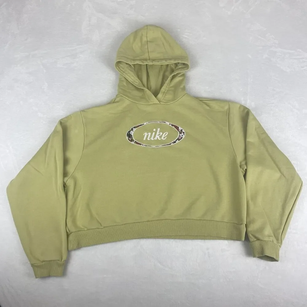 Nike Sweater Womens Medium Green Cropped Hoodie Logo Sweatshirt Pullover